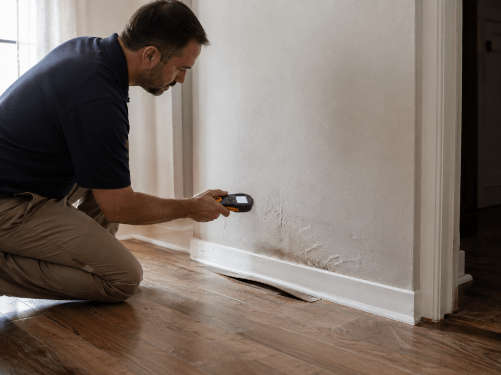 Technician inspecting water-damaged hardwood floors in a Spring TX home with professional drying equipment