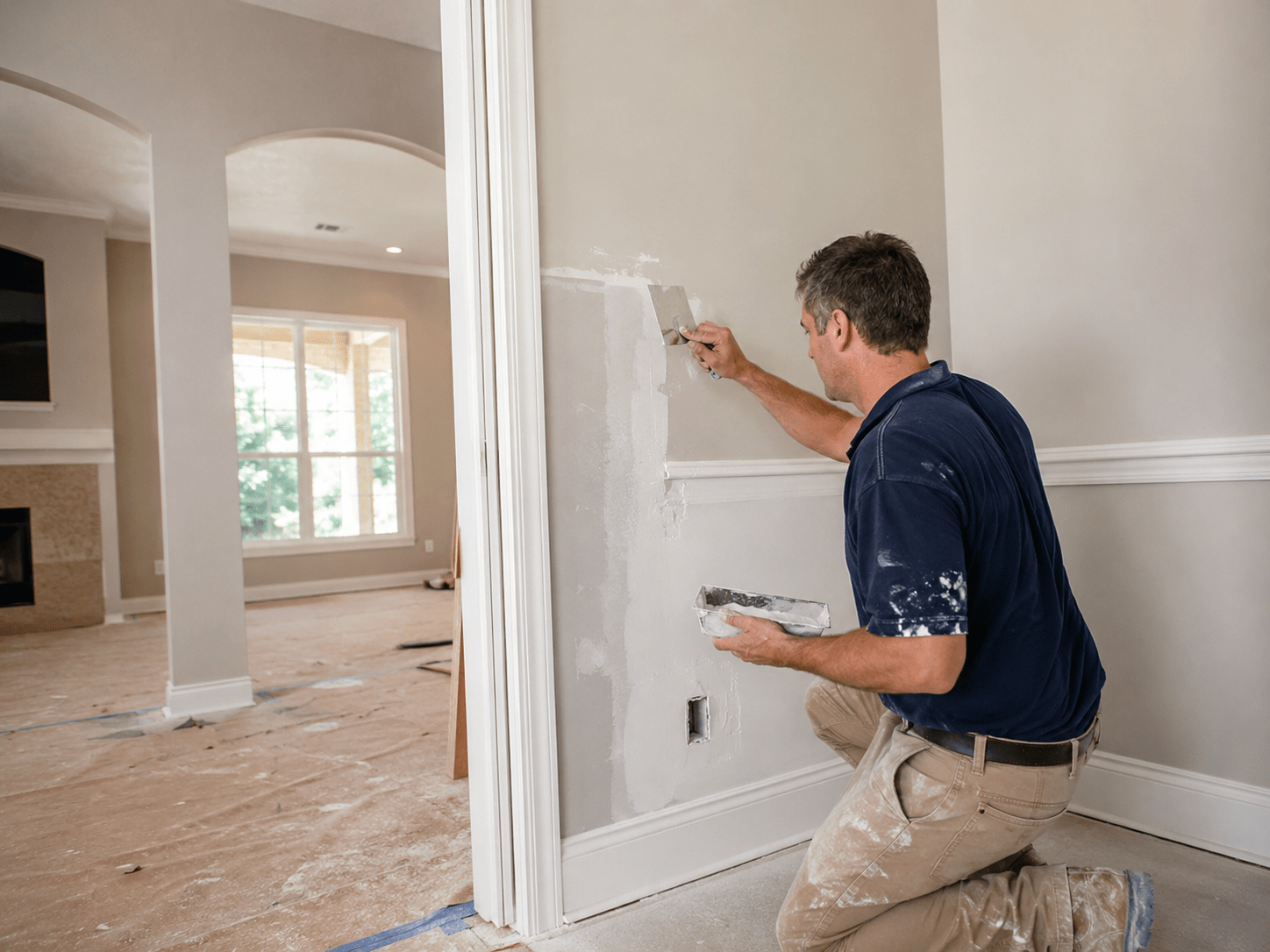 Water damage restoration technician checking for hidden moisture behind a wall in a Magnolia TX home